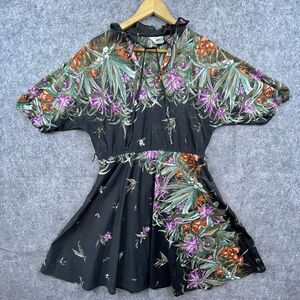 Vintage Lady Blair Dress Medium Sheer Dark 90s Lightweight Ruffle Boho Tropical